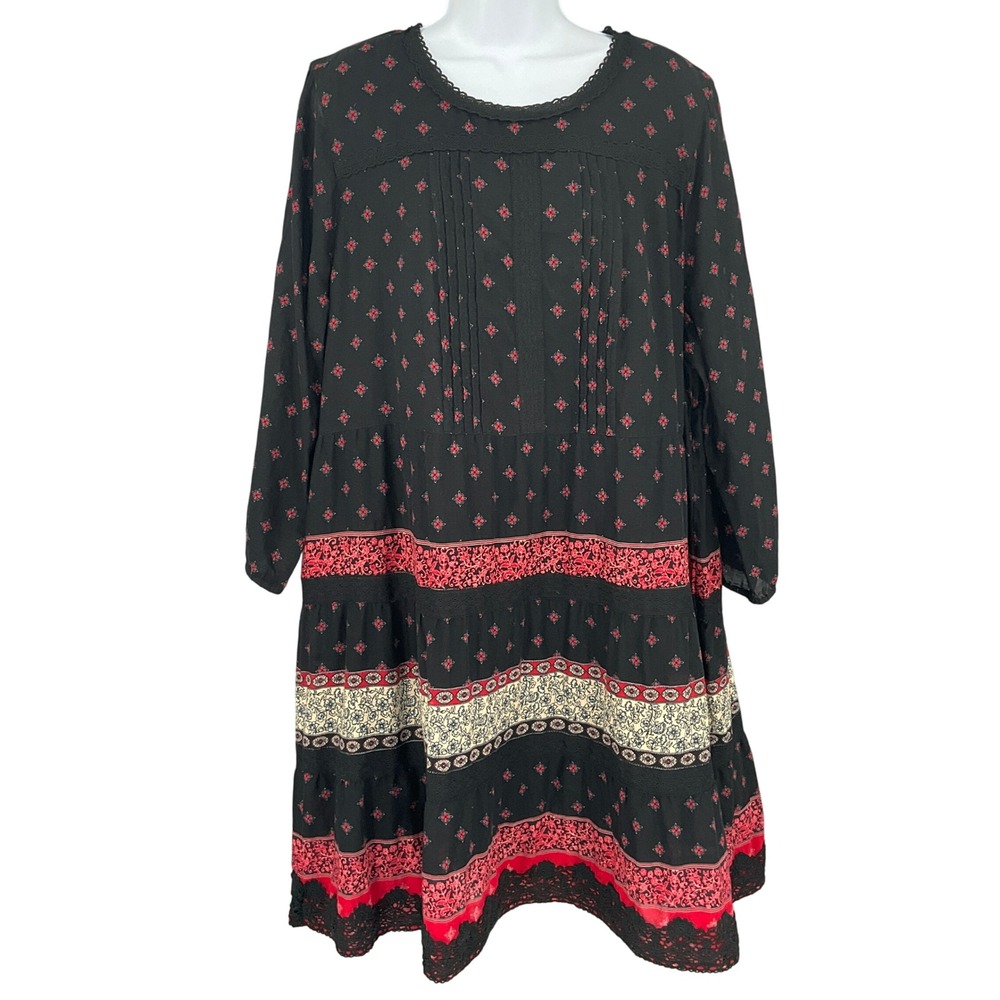 J. Jill Dress XL Black Floral Tiered Pintuck Lace Accent Cottagecore Bohemian
